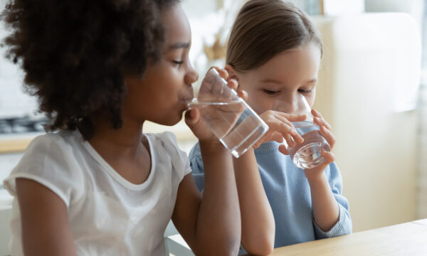 Two multi racial little girls sit at table in kitchen feels thirsty drink clean still natural or mineral water close up image. Healthy life habit of kids, health benefit dehydration prevention concept