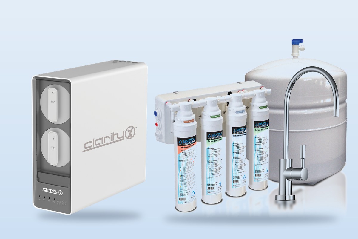 Nuvia ClarityX tankless reverse osmosis unit beside the Nuvia Clarity 2100 QC filters, tank and faucet