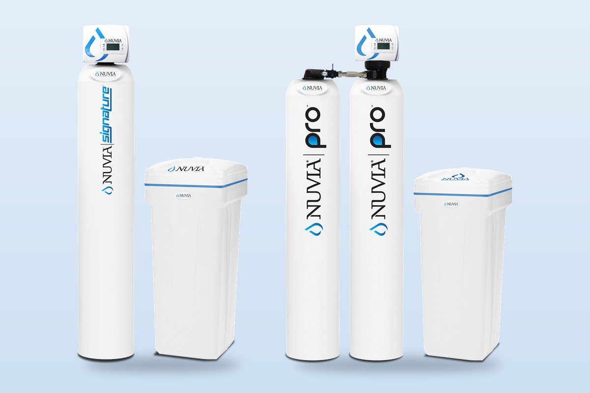 Nuvia Signature and Nuvia Pro water systems with their brine tanks