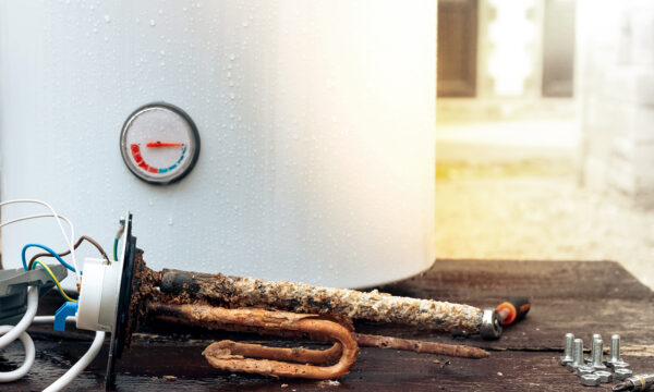 the heating element is covered with rust and scale, with screws on the background of the boiler, lying on a wooden table.