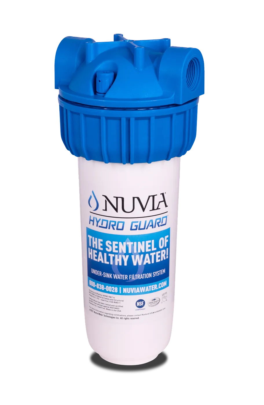 Nuvia Hydro Guard under-sink water filtration system – dual-stage CRS technology reducing chlorine, sediment, and VOCs for clean, high-flow water