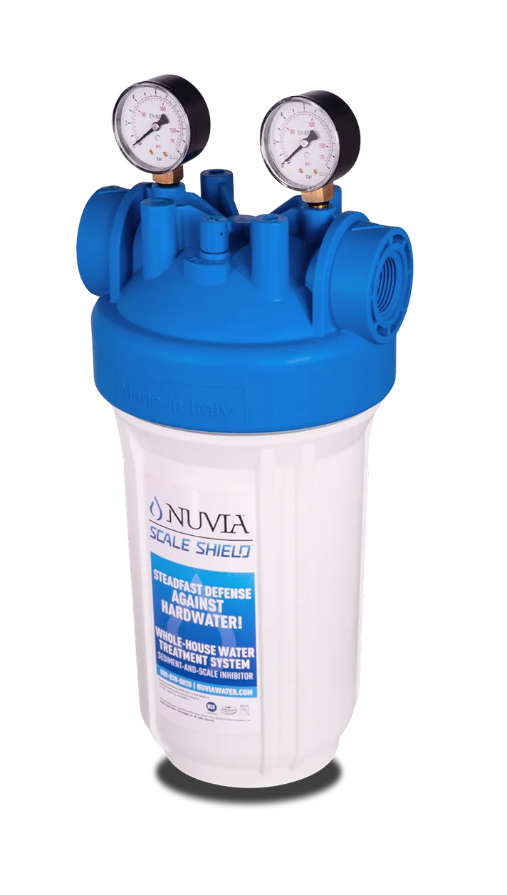 Nuvia Scale Shield whole‑house water conditioner – 2‑stage system removing calcium & magnesium scale, sediment (down to 5 microns), with high flow up to 40 GPM to protect pipes and appliances