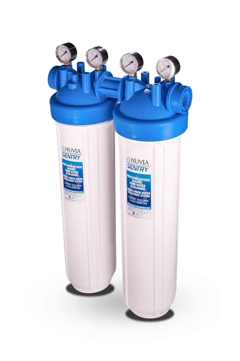 Nuvia Sentry whole‑house point‑of‑entry water filtration system — 3‑stage chlorine taste & odor reduction, sediment filtration, and scale‑inhibiting media