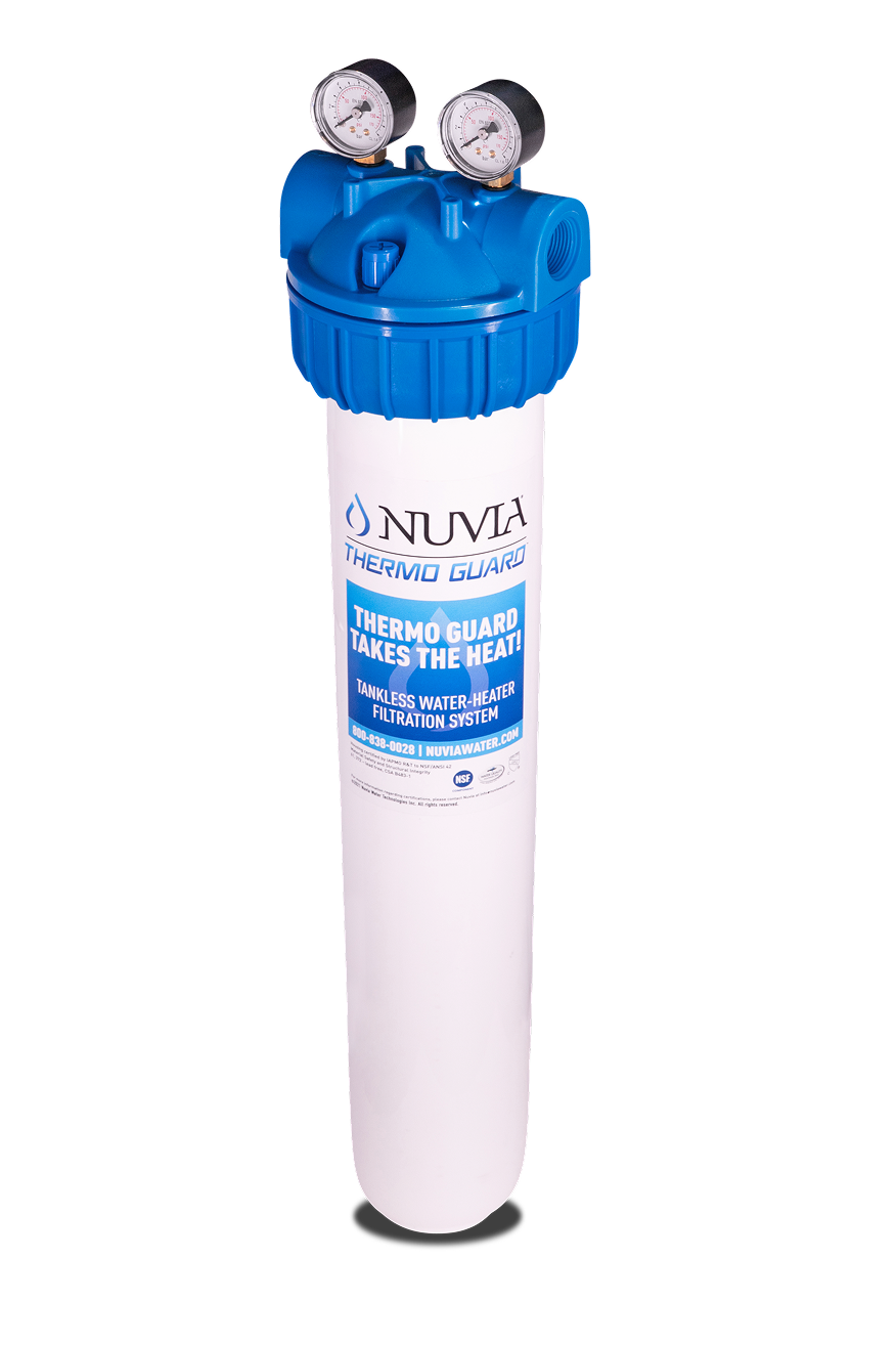 Nuvia Thermo Guard inline filter – two‑stage sediment and scale protection for tankless and traditional water heaters (5 micron, up to 40 GPM)