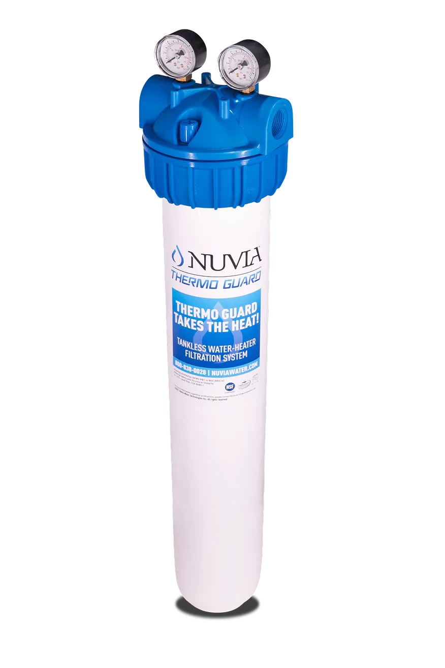Nuvia Thermo Guard inline filter – two‑stage sediment and scale protection for tankless and traditional water heaters (5 micron, up to 40 GPM)