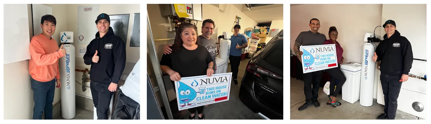 Three photos of Nuvia customers with Nuvia staff beside newly installed Nuvia systems, two holding signs that read This house runs on clean water