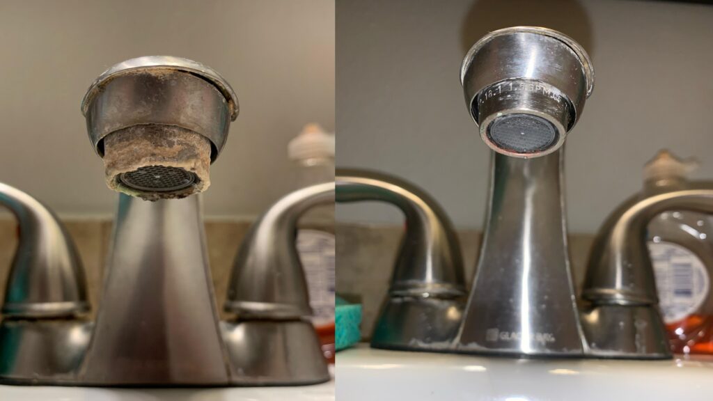 Hard water mineral buildup on a bathroom faucet in a Corona, CA home.