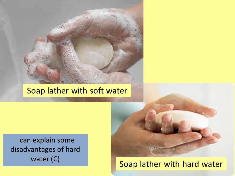 Comparison showing reduced soap lather caused by hard water minerals.