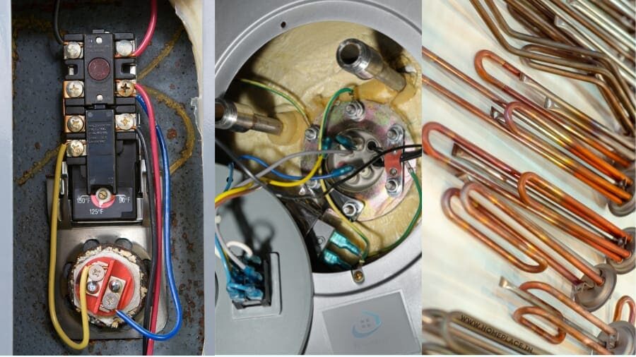 Hard water mineral scale buildup inside a residential water heater.